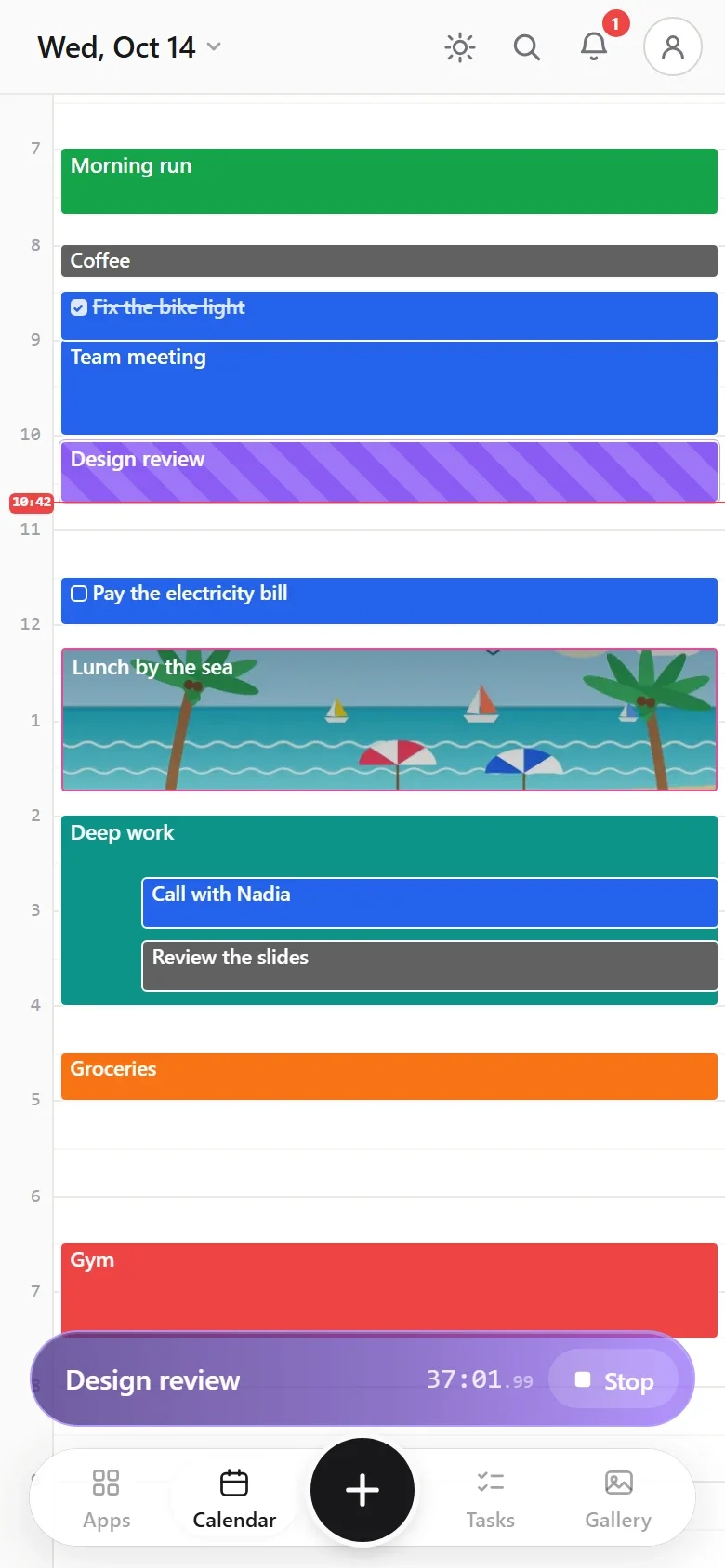 The live event, with its stripes, grows on the calendar while the timer runs.