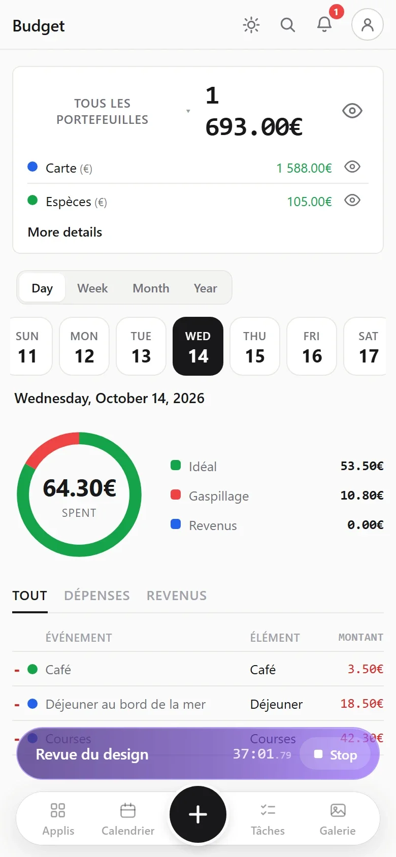 La page budget sur un téléphone