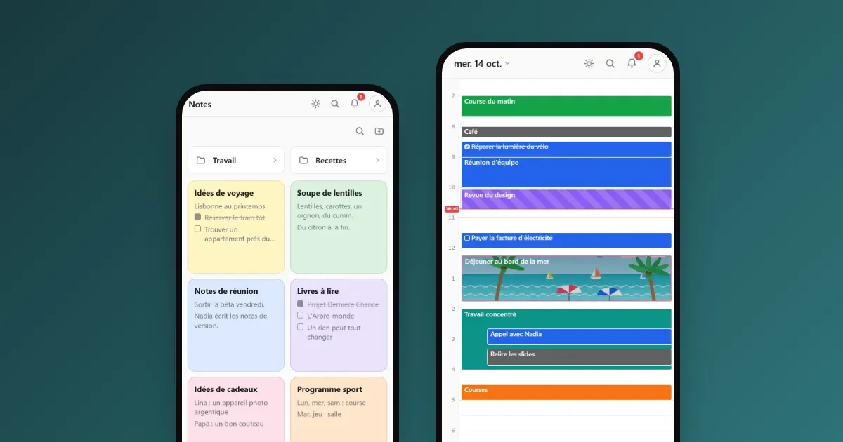 Calengaroo sur deux téléphones, les notes et la vue jour